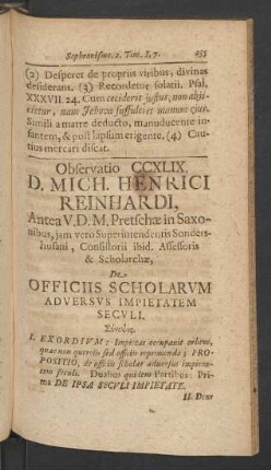 Observatio CCXLIX. D. Mich. Henrici Reinhardi, Antea V.D.M. Pretschae in Saxonibus, jam vero Superintendentis ...