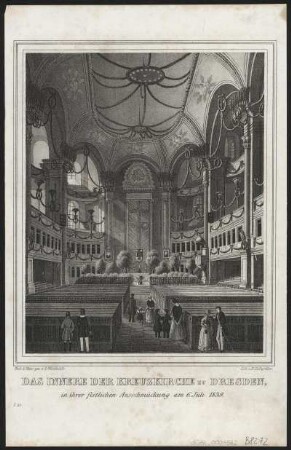 Innere Ansicht der Kreuzkirche Dresden, Lithografie, 1839 : ¬Das¬ Innere der Kreuzkirche zu Dresden: in ihrer festlichen Ausschmückung am 6. Juli 1839 / Nach d. Natur gez. v. G. Wunderlich. Lith. v. H. Teichgräber. - [Dresden] , 1839. - 1 Kunstbl. : Lithogr. ; 15 x 19cm. - Unten links: 1.38