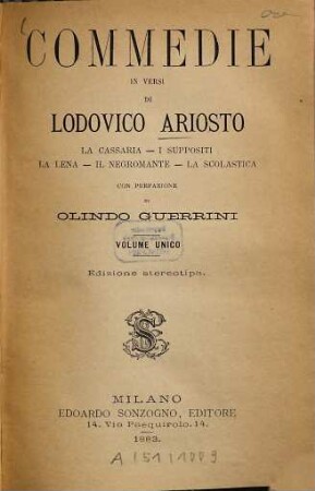 Commedie in versi di Lodovico Ariosto ..., 1