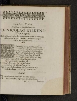 Gratulatio Votiva, Nobilißimo & Consultissimo Viro D. Nicolao Wilkens, ...