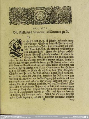 Num. Act. I. Hn. Anklägers Memorial ad Senatum zu N.
