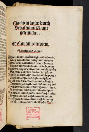 Catho in latin: durch Sebastianum Brant geteutschet