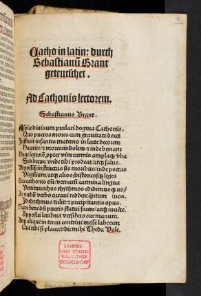 Catho in latin: durch Sebastianum Brant geteutschet