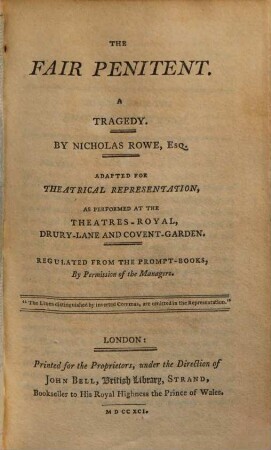 The fair penitent : a tragedy