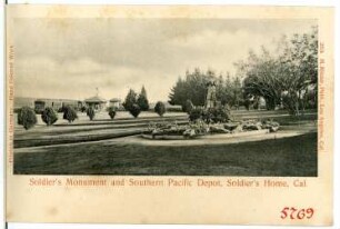 Sawtelle. Soldiers Monument and Southern Pacific Depot, Soldier`s Home, Cal. : Sawtelle. Soldiers Monument and Southern Pacific Depot (1900; J. Lee Burton), Soldier`s Home, Cal.