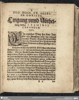 … Eingang unnd Abtheilung dieses Examinis Chronologici