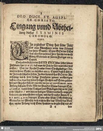 … Eingang unnd Abtheilung dieses Examinis Chronologici