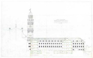 Gsaenger, Gustav; München, Theatinerstr.; Bayerisches Kultusministerium, Erweiterung - Erweiterungsbau Ausführungsplan, Theatinerstr. Hofseite (Ansicht m. Schnitt)
