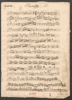 Quartets, vl, vla, vlc, cl, B-Dur - BSB Mus.Schott.Ha 1127-3 : [heading:] Quartetto. Clarinetto in B.
