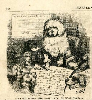 "Laying down the law." - After Sir Edwin Landseer : Hunde sitzen wie Politiker bei einer Versammlung zusammen