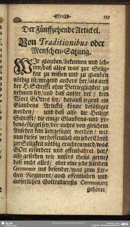 Der Fünffzehende Artickel. Von Traditionibus oder Menschen-Satzung