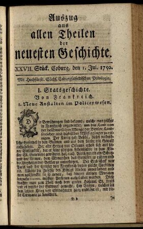 XXVII. Stück. Coburg, den 1. Jul. 1750.