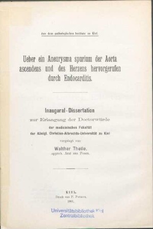 Ueber ein Aneurysma spurium der Aorta ascendens und des Herzens, hervorgerufen durch Endocarditis