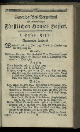 Genealogisches Verzeichniß des gegenwaertigen Fuerstlichen Hauses Hessen