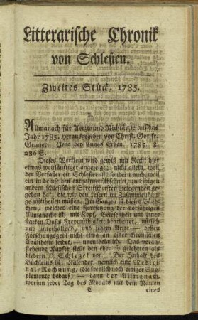 Litterarische Chronik von Schlesien. Zweites Stück, 1785.