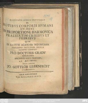 Dissertatio Medica Inavgvralis De Motibvs Corporis Hvmani Qvi Fivnt In Proportione Harmonica Praesertim Crisibvs Et Febribvs