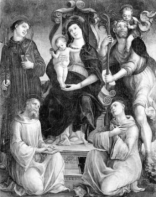 Thronende Maria mit dem segnenden Kind und den Heiligen Benedikt von Nursia, Laurentius und Bernhard von Clairvaux