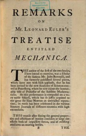 Remarks on Mr. Euler's treatise of motion, Dr. Smith's compleat system of opticks