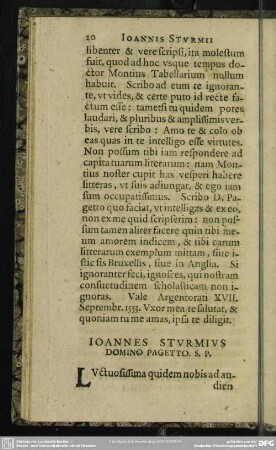 Ioannes Sturmius Domino Pagetto. S. P.