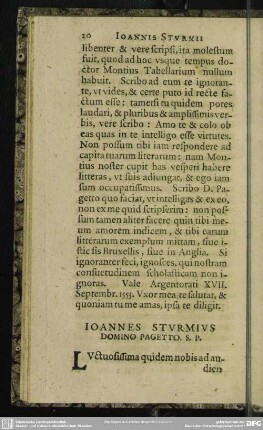 Ioannes Sturmius Domino Pagetto. S. P.