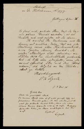 Briefe (Abschrift) von Paul de Lagarde und Anna de Lagarde an Heinrich Hübschmann. Göttingen, 6.6.1876 u. 9.6.1876