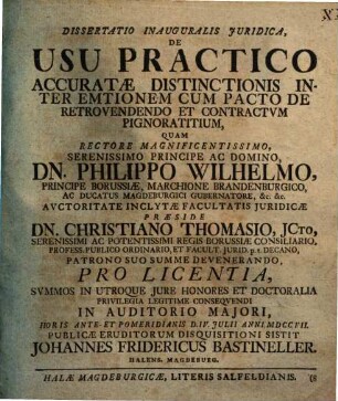 Diss. inaug. iur. de usu practico accuratae distinctionis inter emtionem cum pacto de retrovendendo et contractum pignoratitium