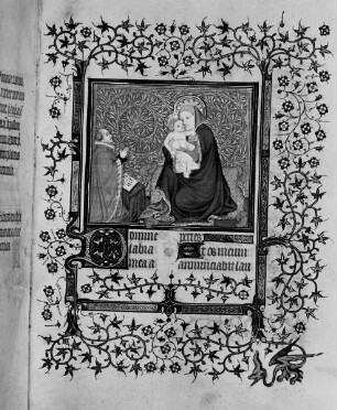 Schmuckseite mit Miniatur: Madonna und Stifter, Dornblattbordüre und Initiale D, Folio recto