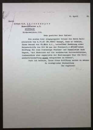 Gewährung einer Reisebeihilfe Eugen Wilhelm Pfizemayers