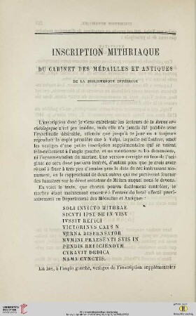 N.S. 13.1866: Inscriptions mithriaque du Cabinet des médailles et antiques de la Bibliothèque impériale