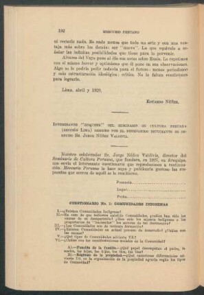 Interesante "Enquête" del Seminario de Cultura Peruana (sección Lima) dirigido por el distinguido estudiante de derecho sr. Jorge Núñez Valdivia