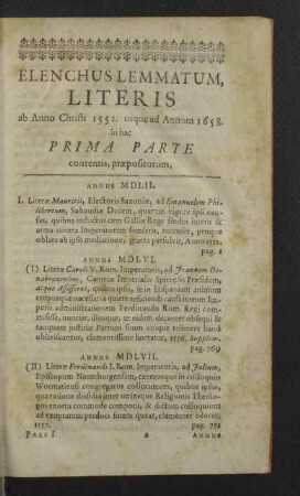 Elenchus lemmatum, literis ... in hac Prima Parte