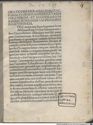 Oratio ad Fridericum III. imperatorem et Maximilianum I. regem Romanorum. Brügge, 1486.08.03 : mit Brief des Autors an Johannes Carondeletus, Brügge 4.8.1486