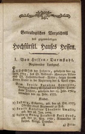 Genealogisches Verzeichniß des gegenwärtigen Hochfürstl. Hauses Hessen.