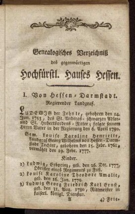 Genealogisches Verzeichniß des gegenwärtigen Hochfürstl. Hauses Hessen.