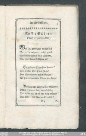 An die Schönen. (Nach der zweyten Ode.)