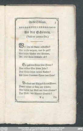An die Schönen. (Nach der zweyten Ode.)