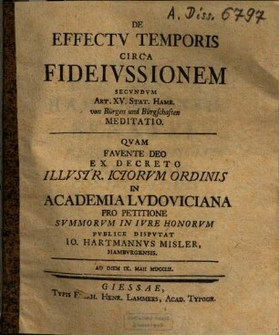 De Effectv Temporis Circa Fideivssionem Secvndvm Art. XV. Stat. Hamb. von Bürgen und Bürgschaften Meditatio