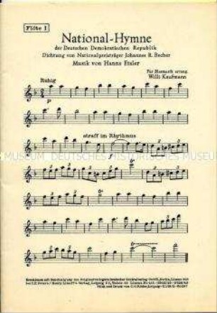 Text-Noten-Blatt der Nationalhymne der DDR (Arrangement für Blasmusik)