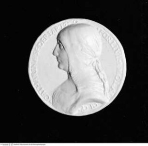 Medaille der Caterina Sforza-Riario, Gräfin von Forlì und Imola, Avers: Brustporträt nach links mit Witwenschleier