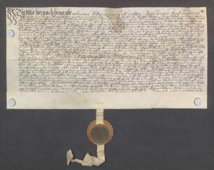 Wolf Geier, Schultheiß, und genannte Mitglieder des Gerichts zu Ubstadt beurkunden eine Gültverschreibung des Leomhard Eyßer und seiner Ehefrau Barbara über 50 Gulden gegenüber Johann Rehm, Kirchenkollektor am Bruhrain.