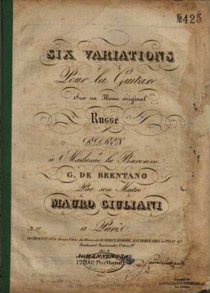 Six variations pour la guitare : sur un thème original Russe ; [op. 60]