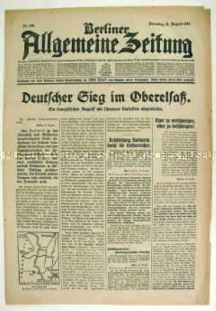 Tageszeitung "Berliner Allgemeine Zeitung" u.a. zu Kämpfen zwischen deutschen und französischen Truppen im Elsass