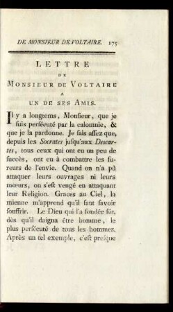 Lettre de Monsieur de Voltaire a un de ses Amis.