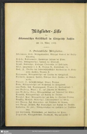 Mitglieder-Liste der Oekonomischen Gesellschaft im Königreiche Sachsen am 31. März 1892
