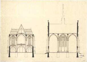 Schmidt, Heinrich von; Kaiserslautern; Marienkirche - Seiteneingang (Schnitt); Kirchenschiff (Querschnitt)