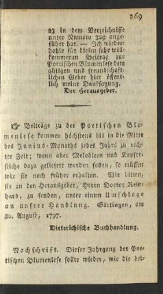 Beiträge zu der Poetischen Blumenlese kommen ...