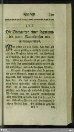 LXII. Die Charactere einer sogenannten guten Mannsperson und Frauenzimmers
