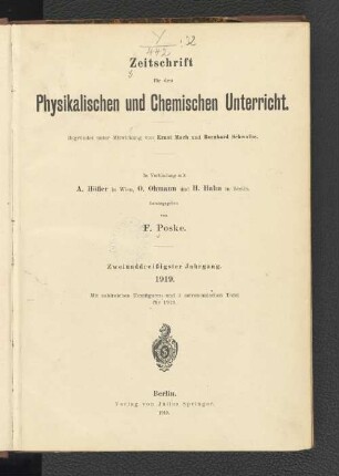 32.1919: Zeitschrift für den physikalischen und chemischen Unterricht