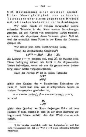 § 40. Bestimmung einer dreifach unendlichen Mannigfaltigkeit von rationalen Tetraedern über einem gegebenen Dreieck mit rationalen Maßzahlen der Seitenlängen
