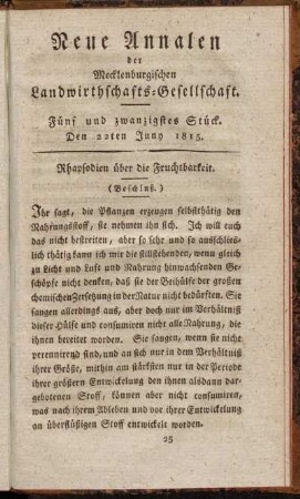 Fünf und zwanzigstes Stück. Den22ten Juny 1815.